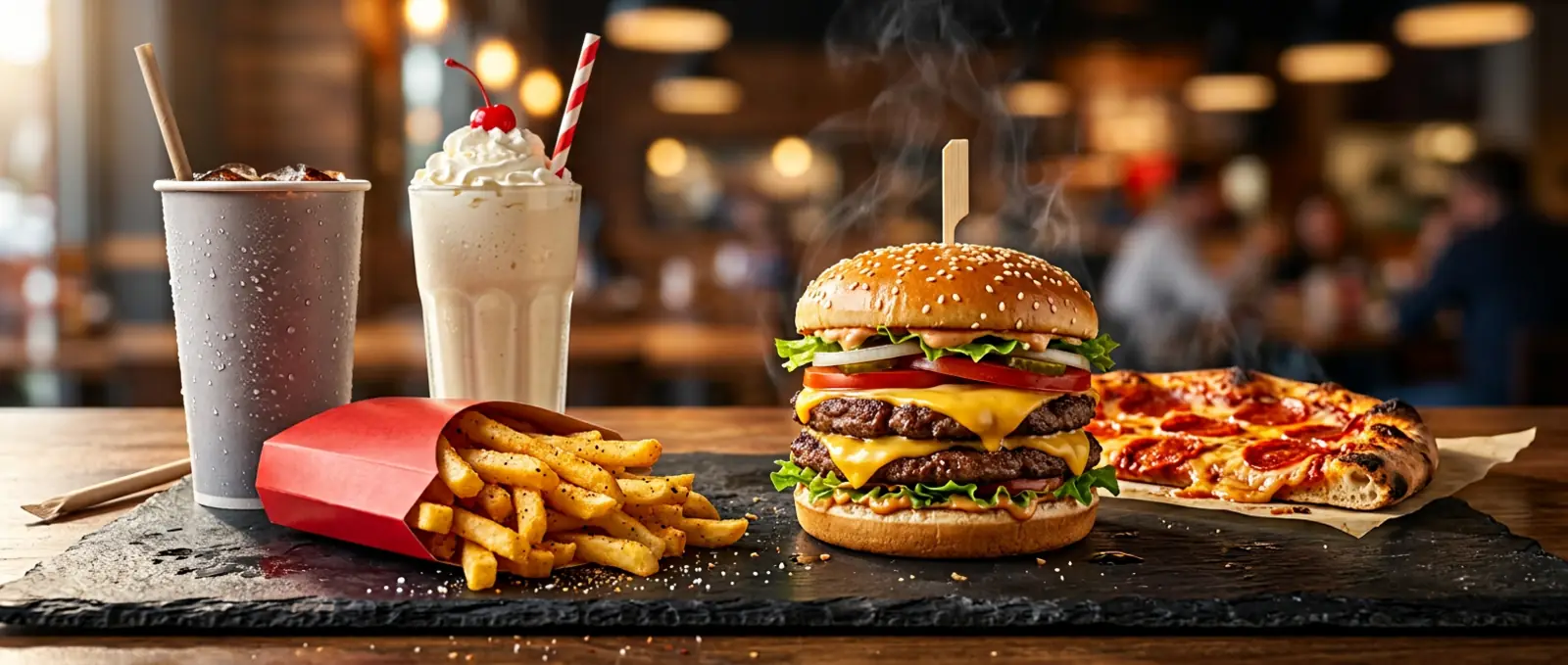 A fast food spread on a dark slate board: a tall double cheeseburger with a sesame seed bun, a red paper sleeve of golden french fries, a whipped milkshake with a striped straw and a cherry, a cola in a paper cup, and a slice of pepperoni pizza.